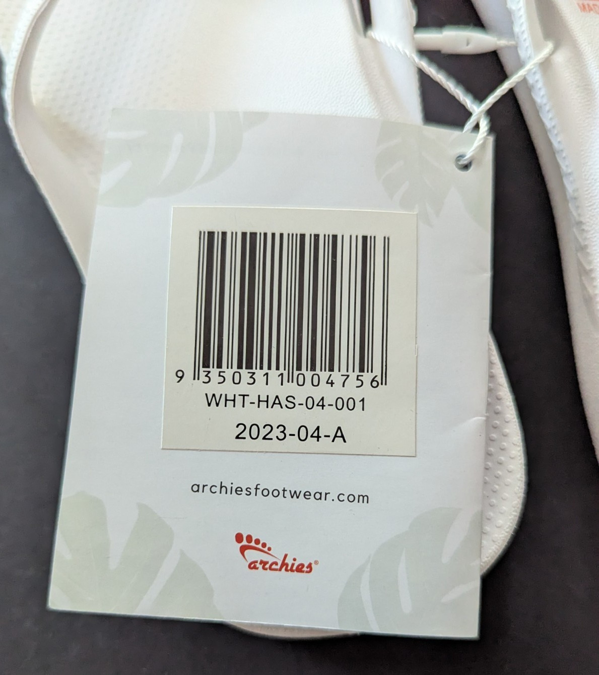Archies Arch Support Thong Flip Flops White NWT Unisex Mens size 4 Womens size 5