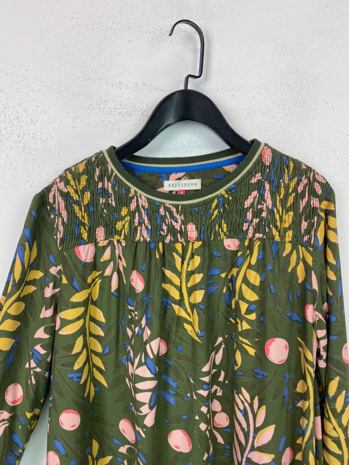 Brakeburn Green Floral Print Smock Top Round Neck Long Sleeve Pockets UK 8