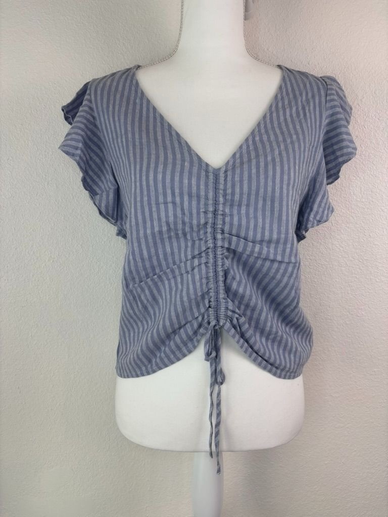Madewell women’s 0 linen-blend ruffle sleeve drawstring crop top in stripe blue