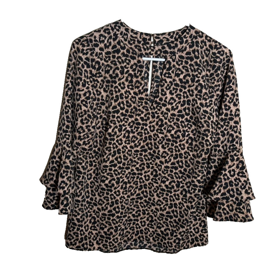 F&F Blouse Women’s 4 3/4 Sleeve Cheetah Career Shirt Top Casual V-Neck