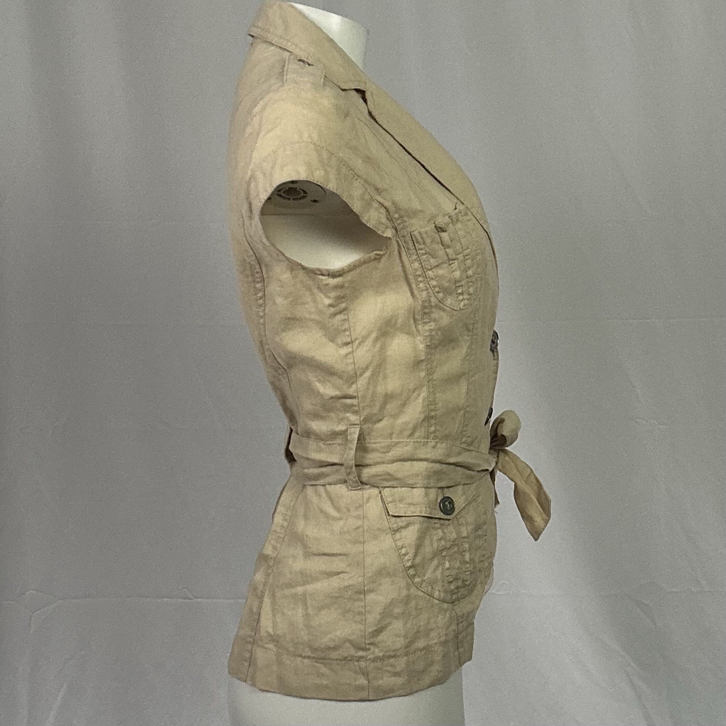 Apanage Vintage Y2K Jacket Top Safari 100% Linen Belted Khaki Short Sleeve US 4
