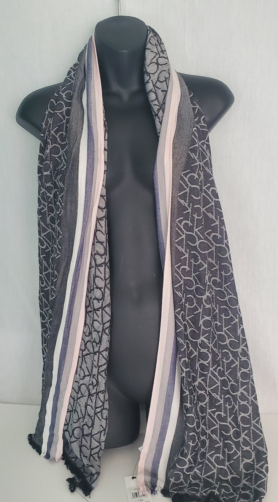 Calvin Klein Gray White Pink Logo Scarf Fringe Viscose NWT