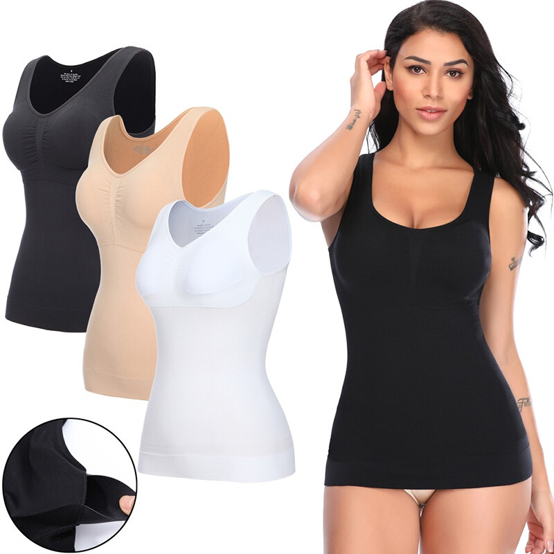 Women Built in Bra Cami Vest Seamless Tank Tops Shaper Belly Control Slimming US