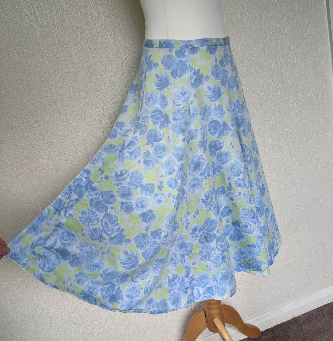 Tara Jarmon Midi Flare Floral Skirt Blue Neon Green White Ditsy Cotton UK 12