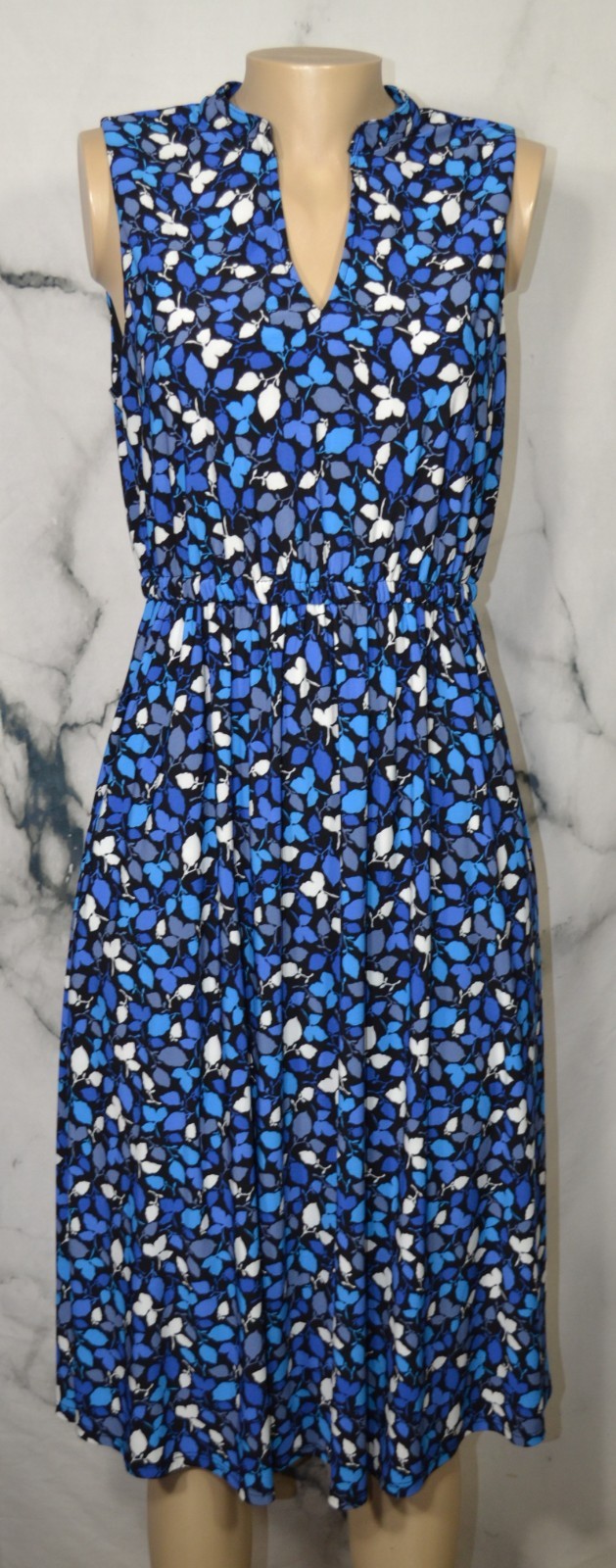 ANNE KLEIN Black Blue Beige Leaf Print Sleeveless Dress 10 Elastic Waist