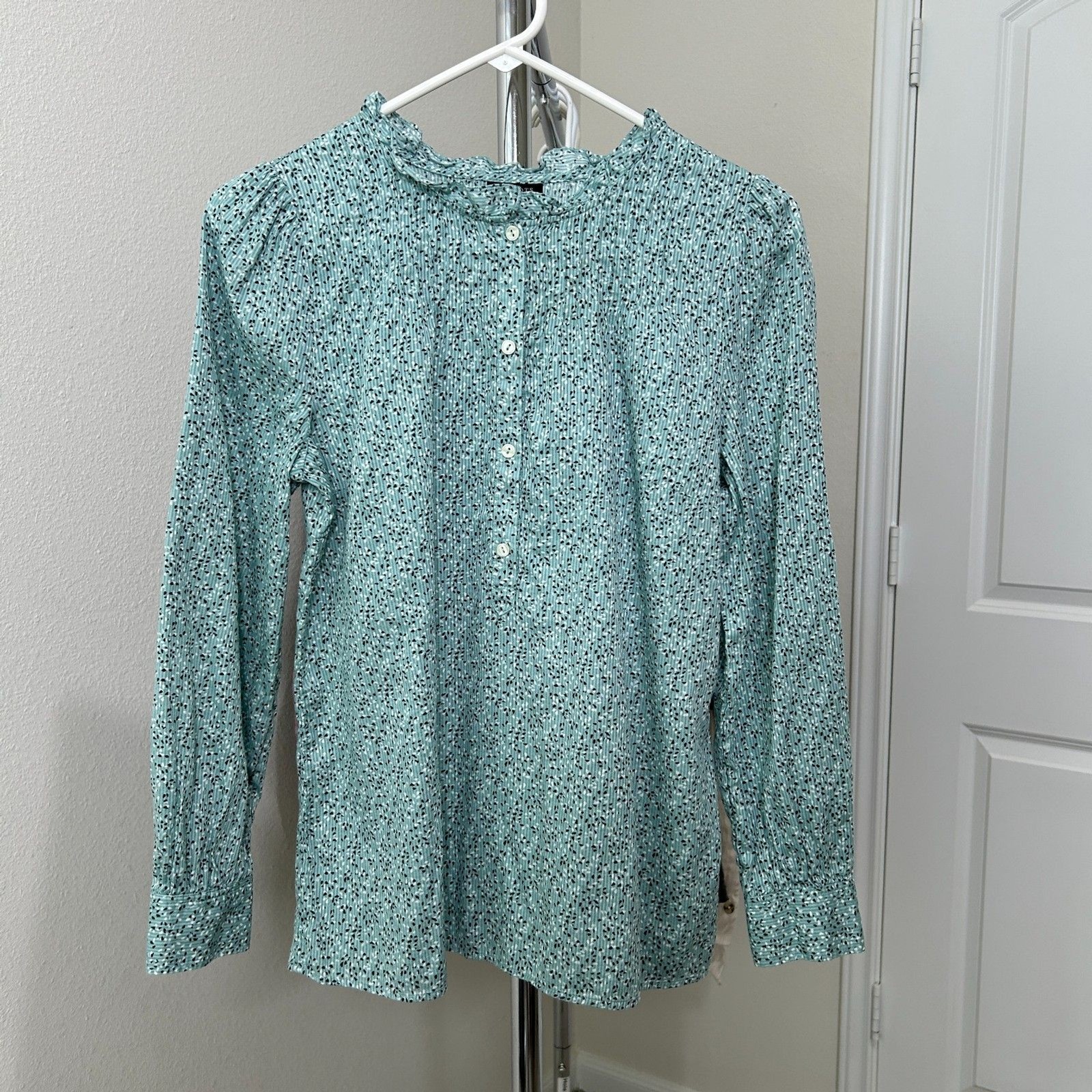 Talbots Blouse S Petite Mint Green Popover Floral Pintuck Cottagecore Prairie