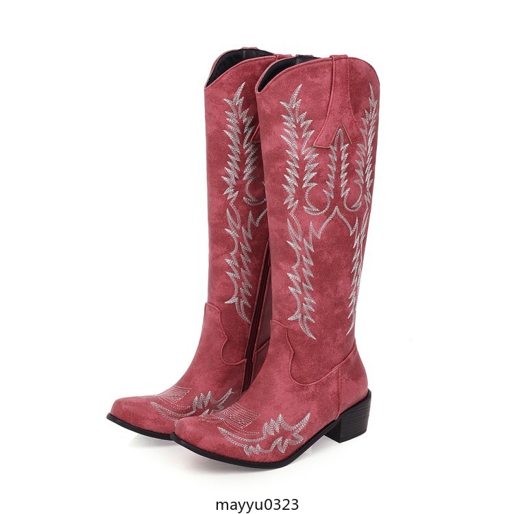 Womens Embossed Zip Mid Block Heel Cowgirl Mid Calf Knee High Boots Western PLus