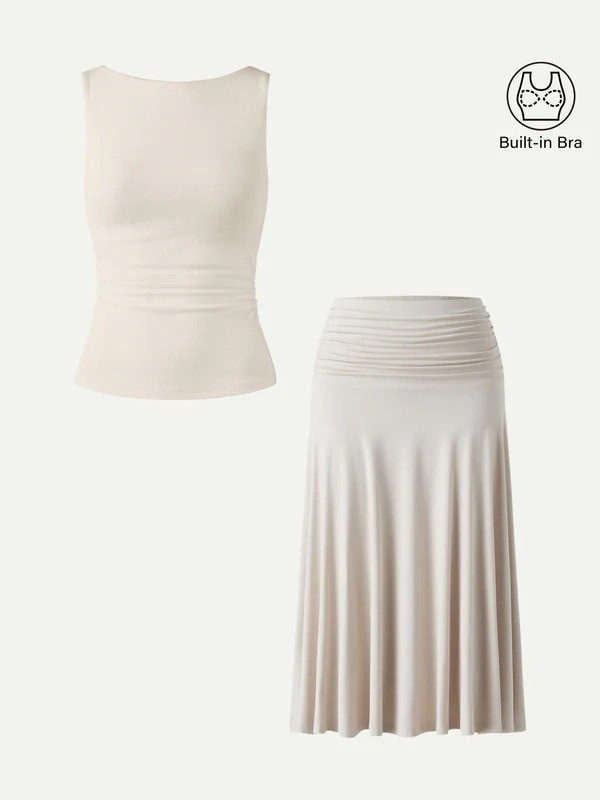 OGL 2Pcs Set Open Back Bra Tank & Side Ruched A-line Midi Skirt – Free SHIPPING!