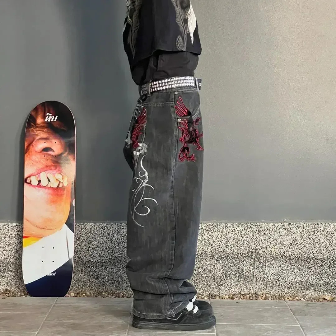 Embroidered Griffin Baggy Jeans Grunge Y2K Wide Leg Gothic Streetwear S-2XL
