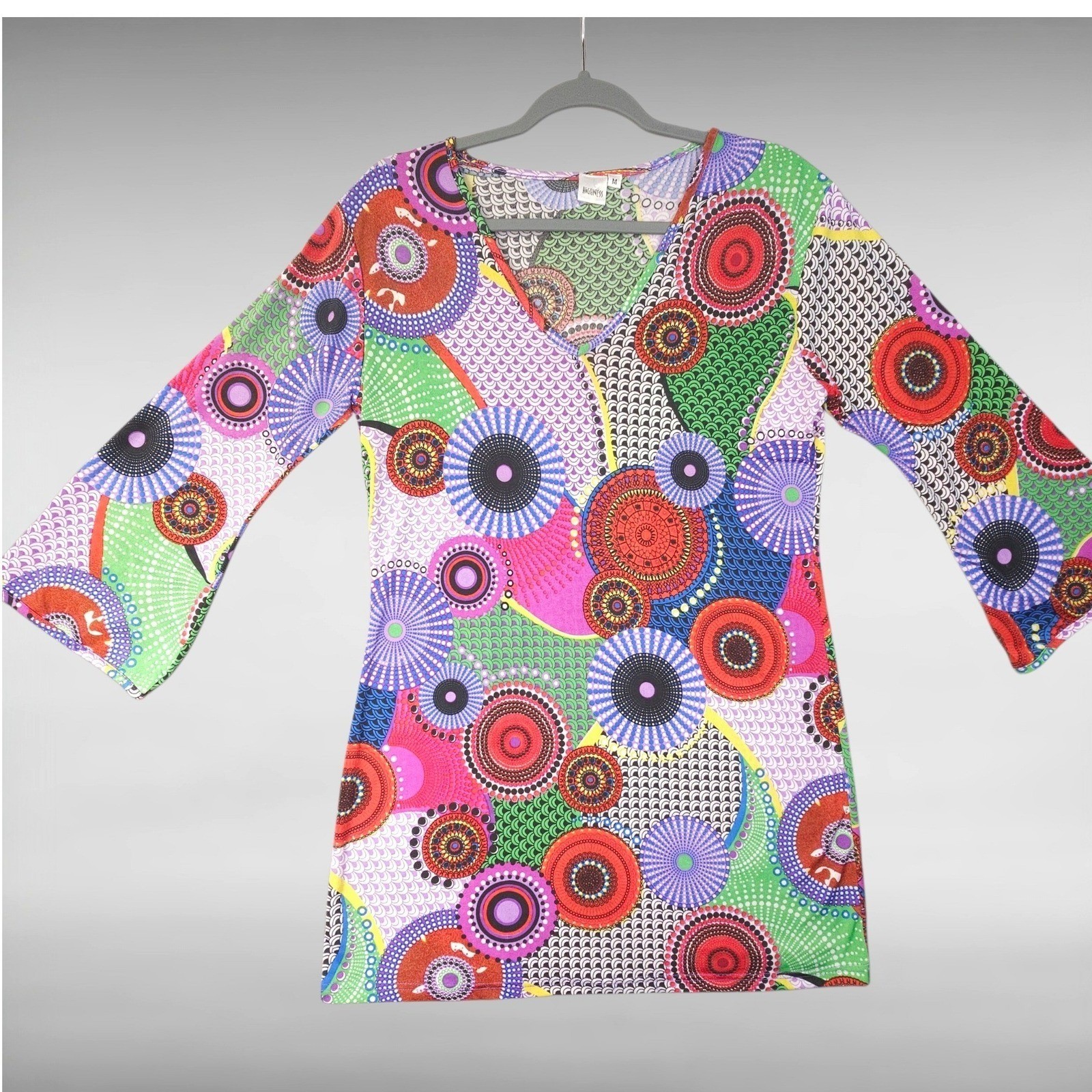 Psychedelic Retro Geometric Shift Mini Dress Long Sleeve Artsy Boho Womens M