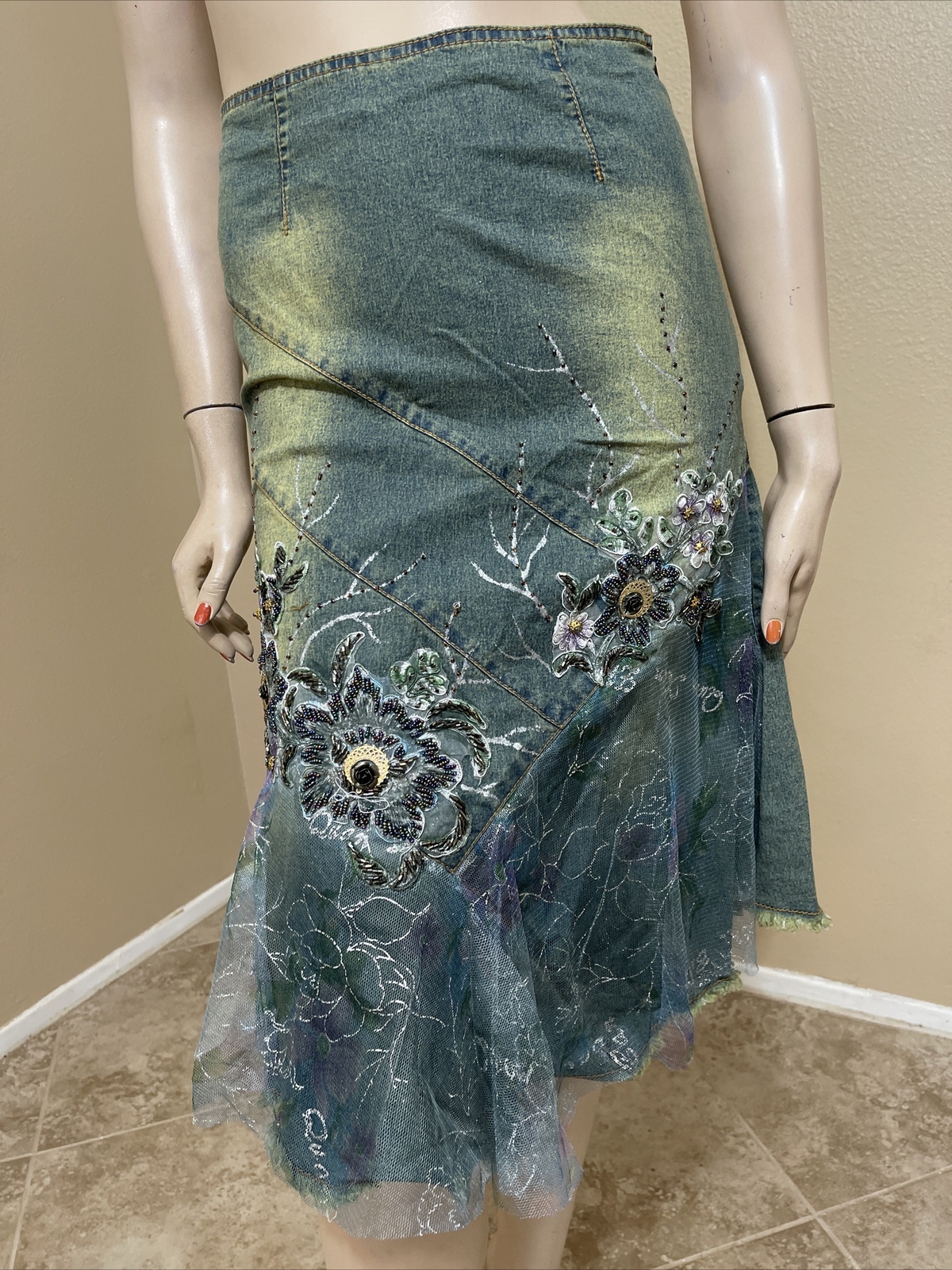Women’s Aquamarine Denim Cotton Boho Beads Lace Stretch Size M(6-8) Skirt 3256