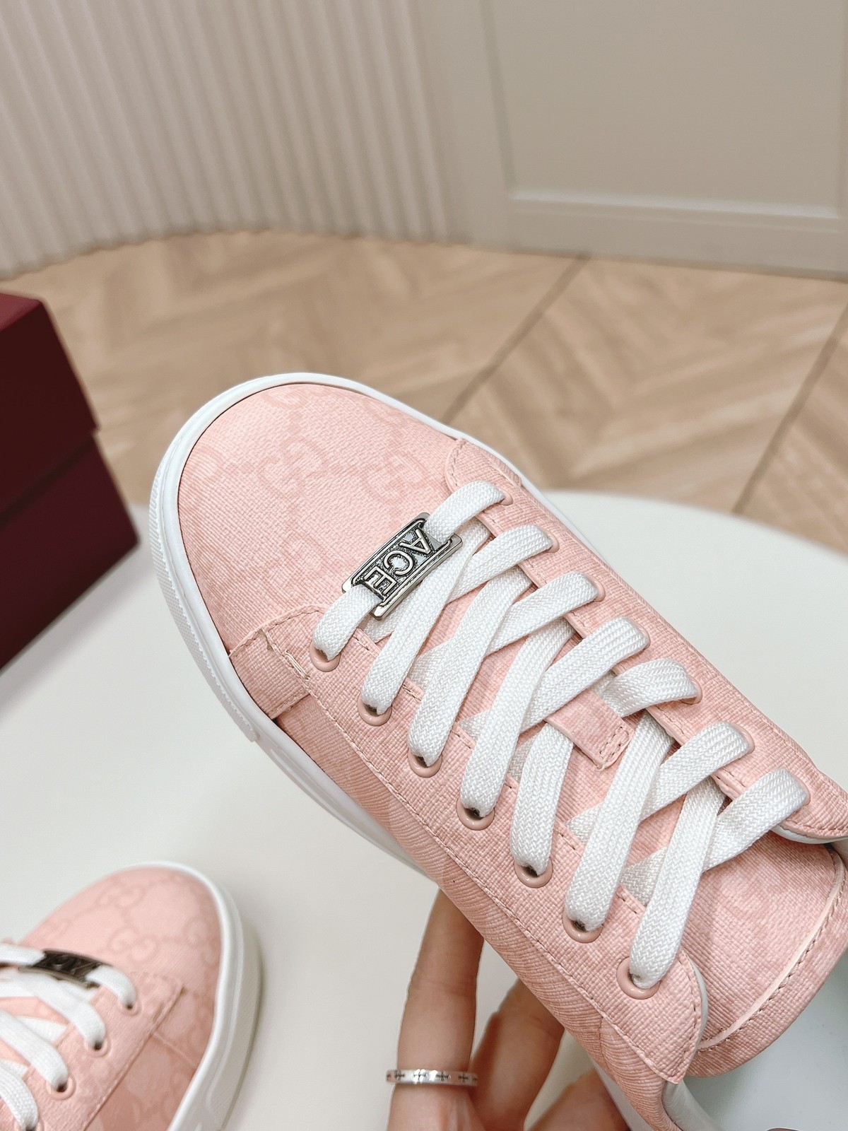 Gucci Ace Pink GG Supreme Canvas Sneakers Women White Web Stripe Low Top Shoes
