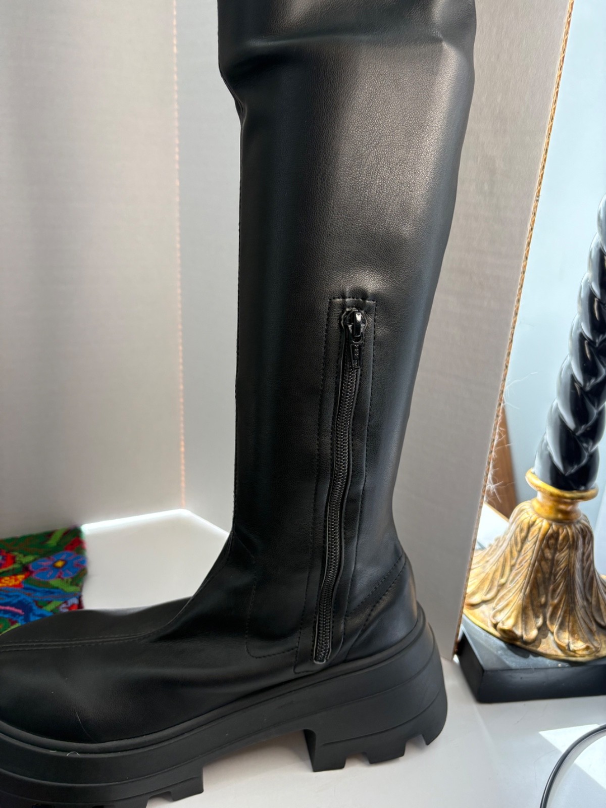 ASOS Design Italy “KAYA” Black PU Dominatrix Chunky Platform Thigh Boots 8M EUC