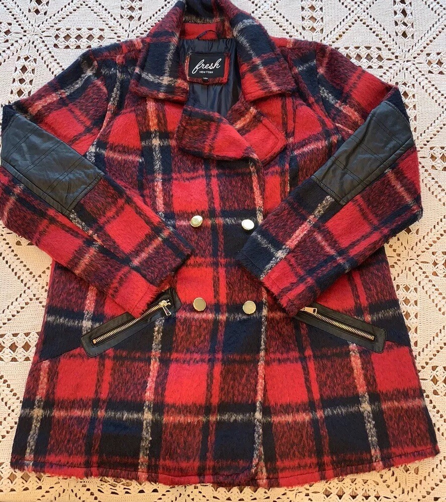 Fresh New York Plaid Pea Coat Women’s XL Red Navy Double Breasted