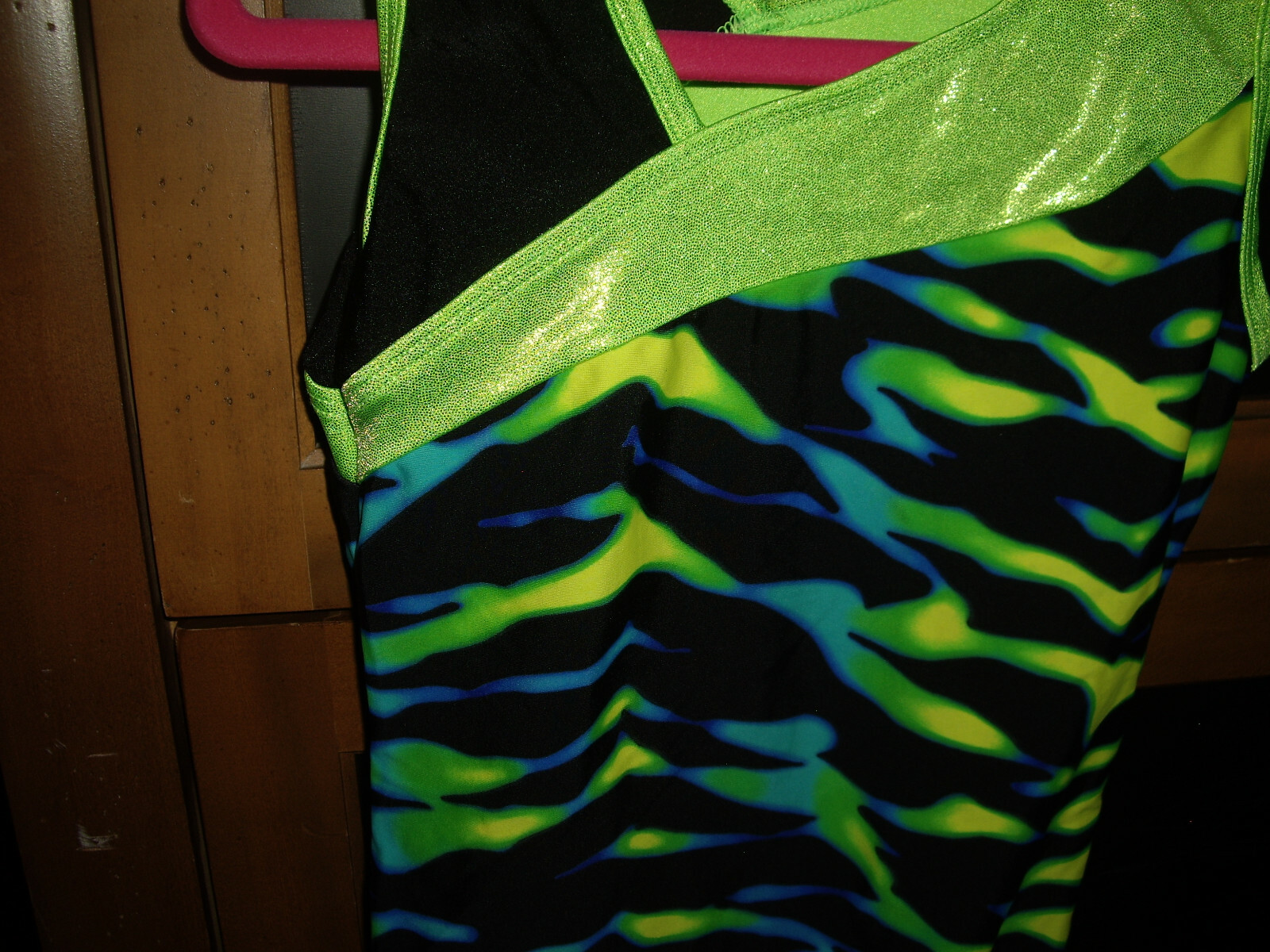 EUC Girls Size 8-10 Tumble Wear Leotard Black Yellow Green Blue Wavy Stripes