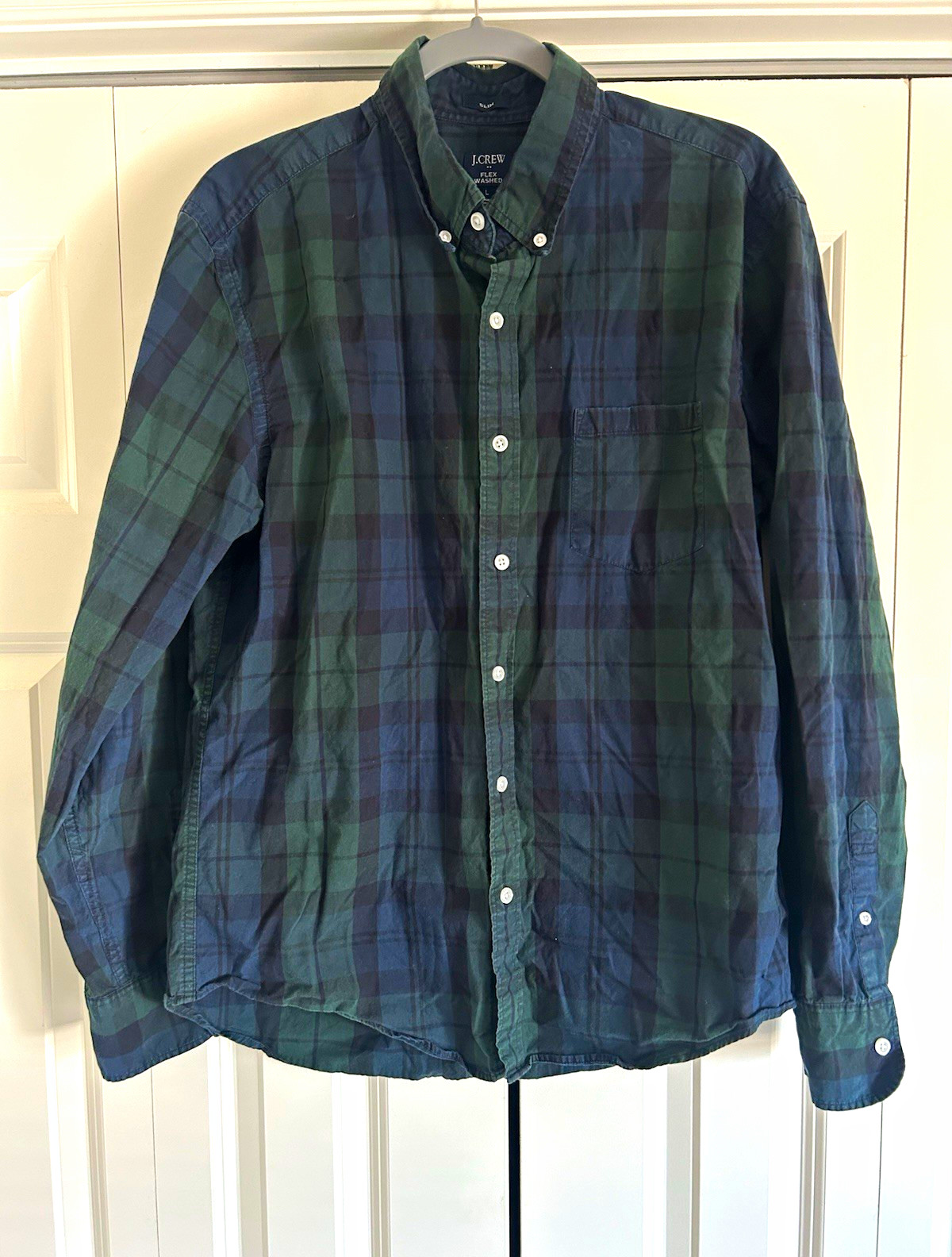 J Crew Factory Navy Green Plaid Flex Washed Slim Fit Button-Down Shirt – Men’s L