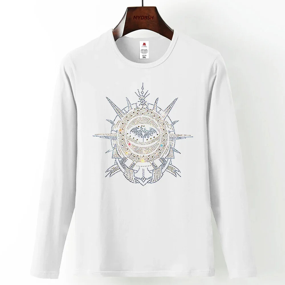 Fashion Trend Stone Rhinestones Streetwear Long Sleeve Luxury Men V-Neck T-Shirt