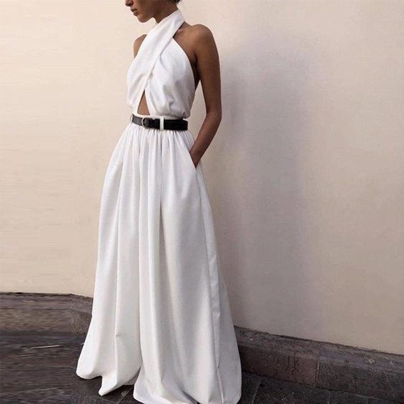 Women’s sexy sleeveless neck hanging middle waist backless one-piece pants