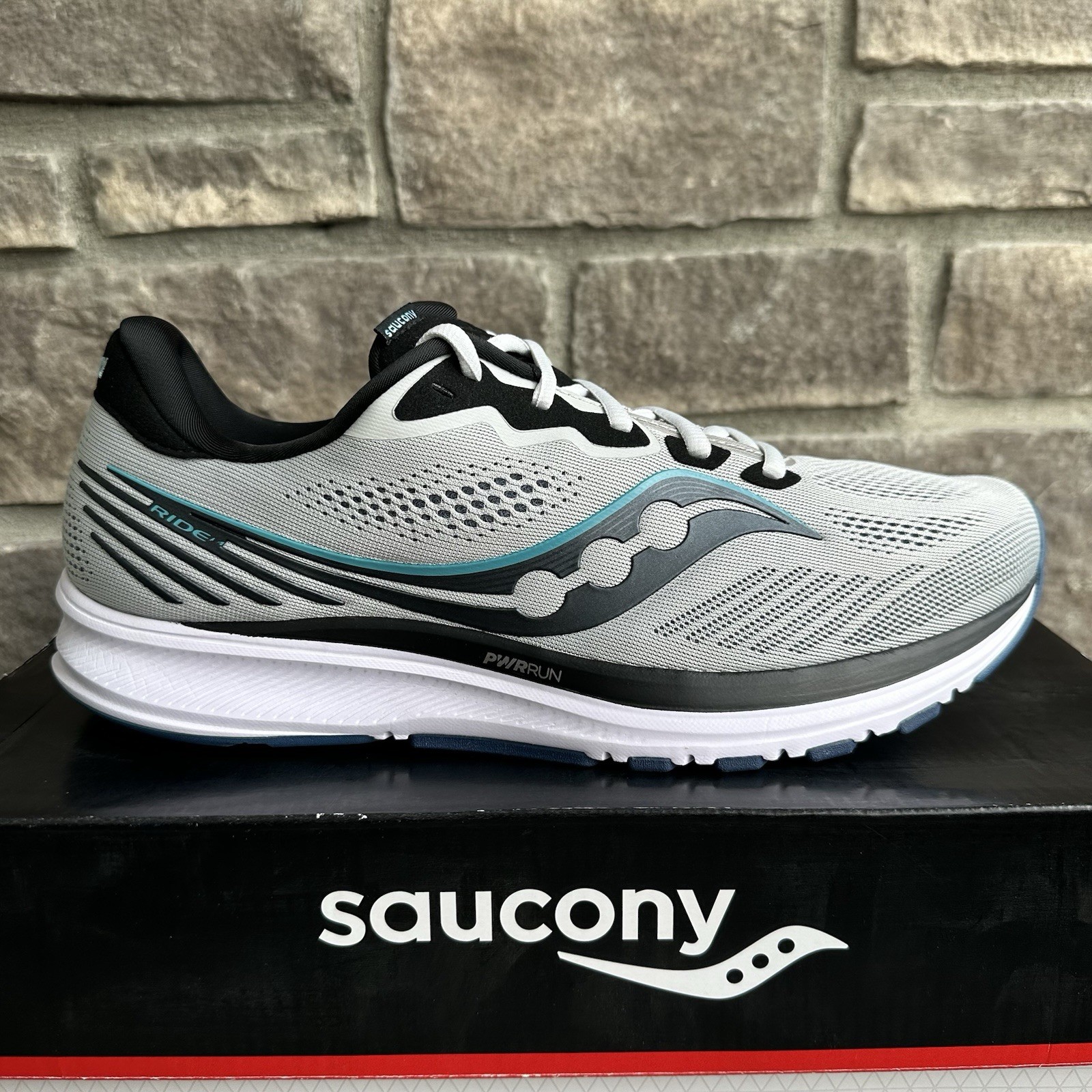 Mens 11.5 – Saucony Ride 14 Fog/Black/Storm Running Sneakers S20650-35