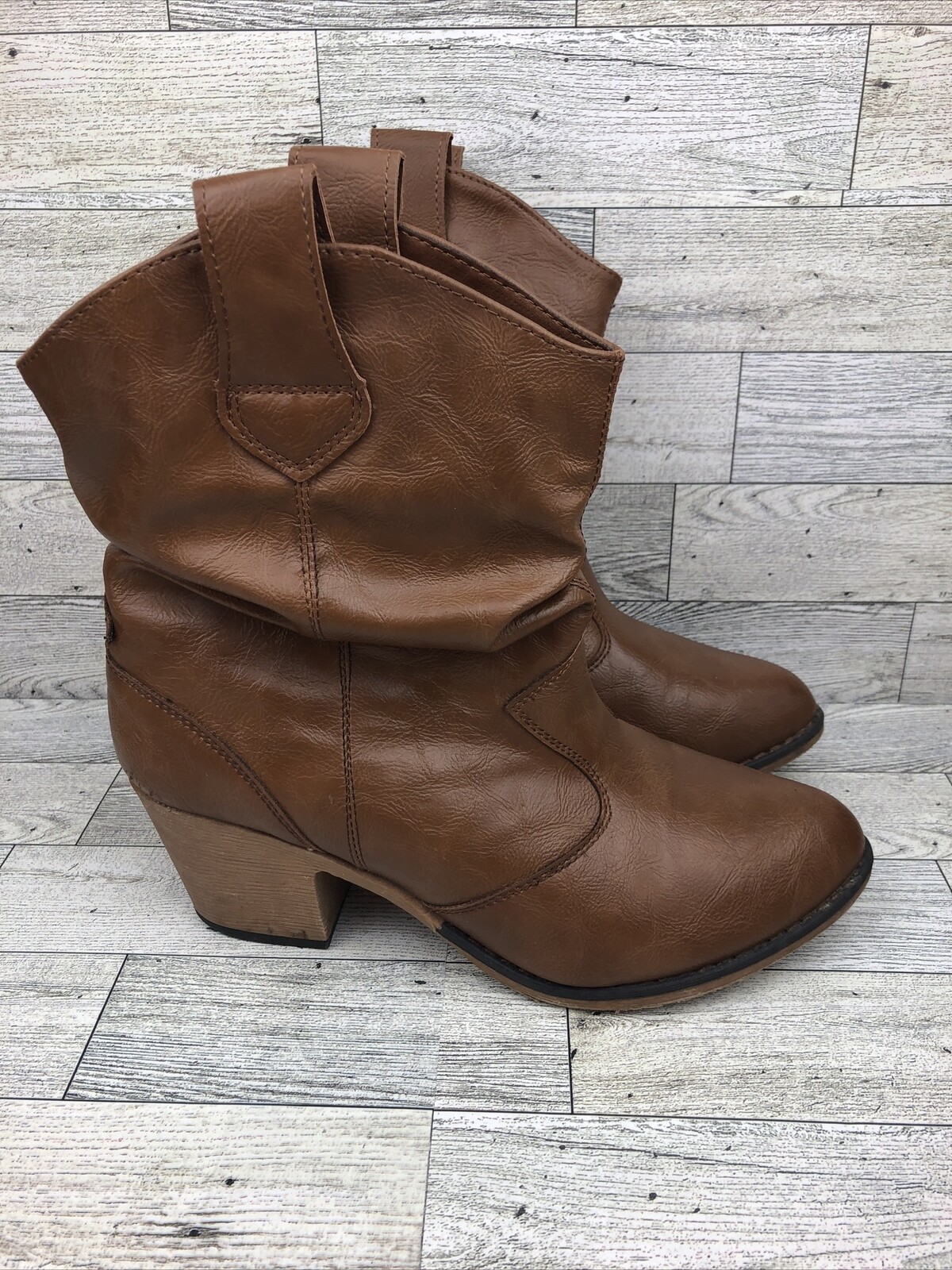 Charles Albert 100% vegan leather slouch calf brown heel cowboy boots 8 women