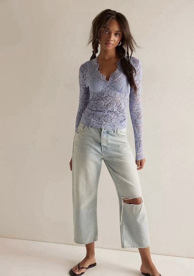 new nwt Free People Intimately All Day lace top shirt large dawn breeze $58