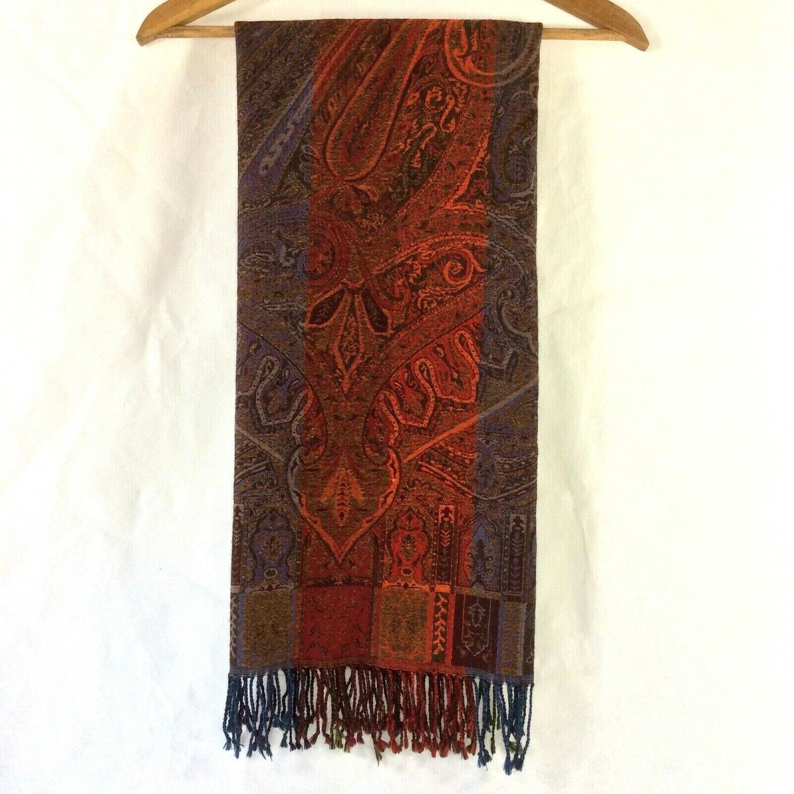 SCARF THROW WRAP RUNNER 100% WOOL 72″X28″ TASSELS PAISLEY DESIGN FABRIC TAG