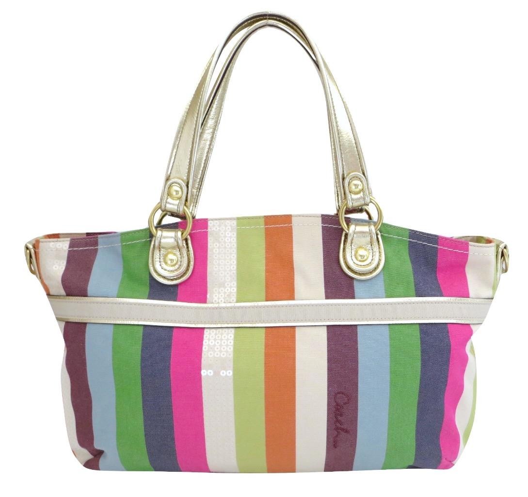 New Coach Legacy Striped Pink Green Blue Sequined Rocker Purse Crossbody RARE!