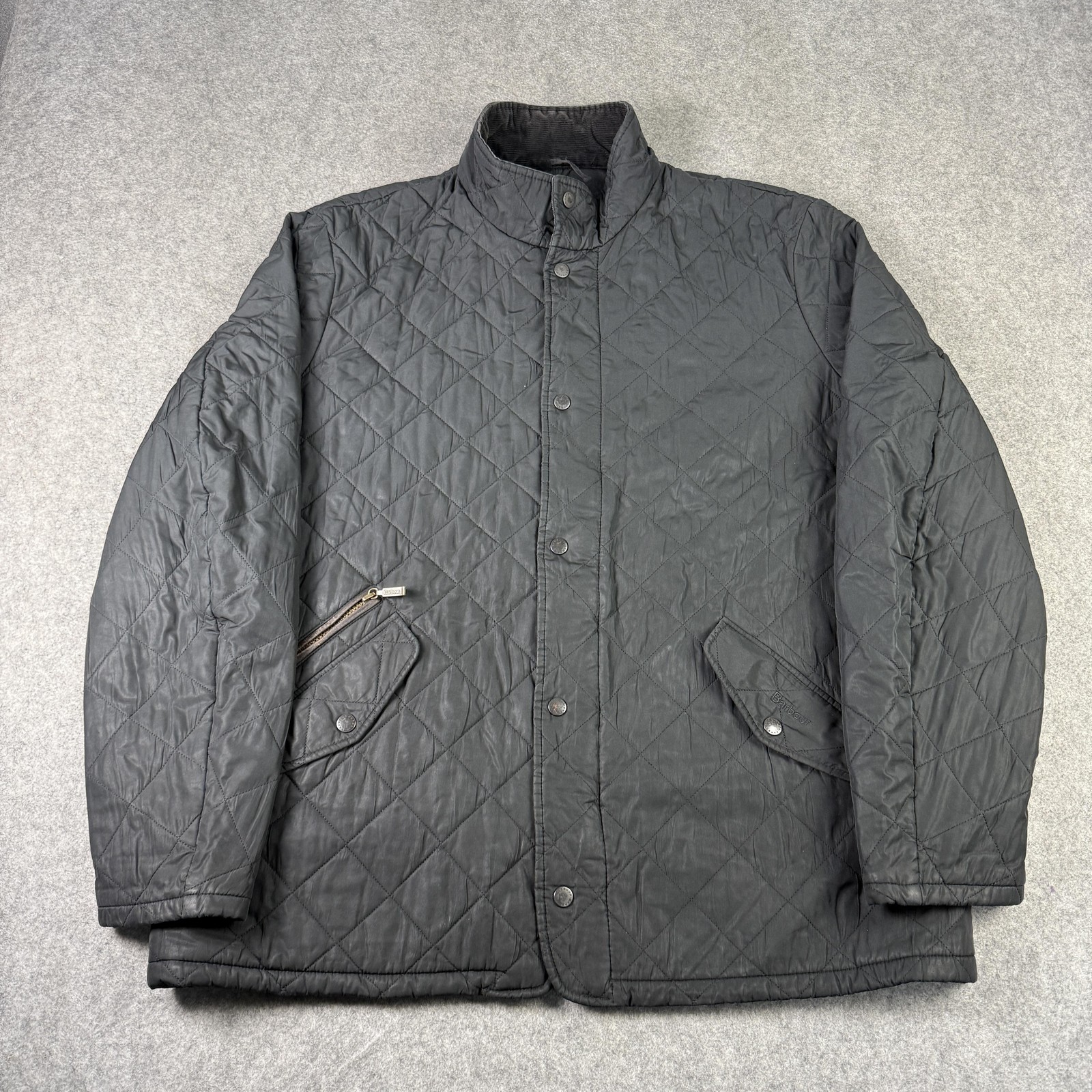 Barbour Jacket Mens XL Black Quilted Microfibre Cord Collar Zip Pockets Outdoor