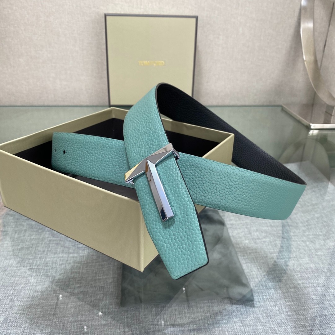 Tom Ford Green/Black Calfskin Reversible Belt Silvery Simple T Buckle