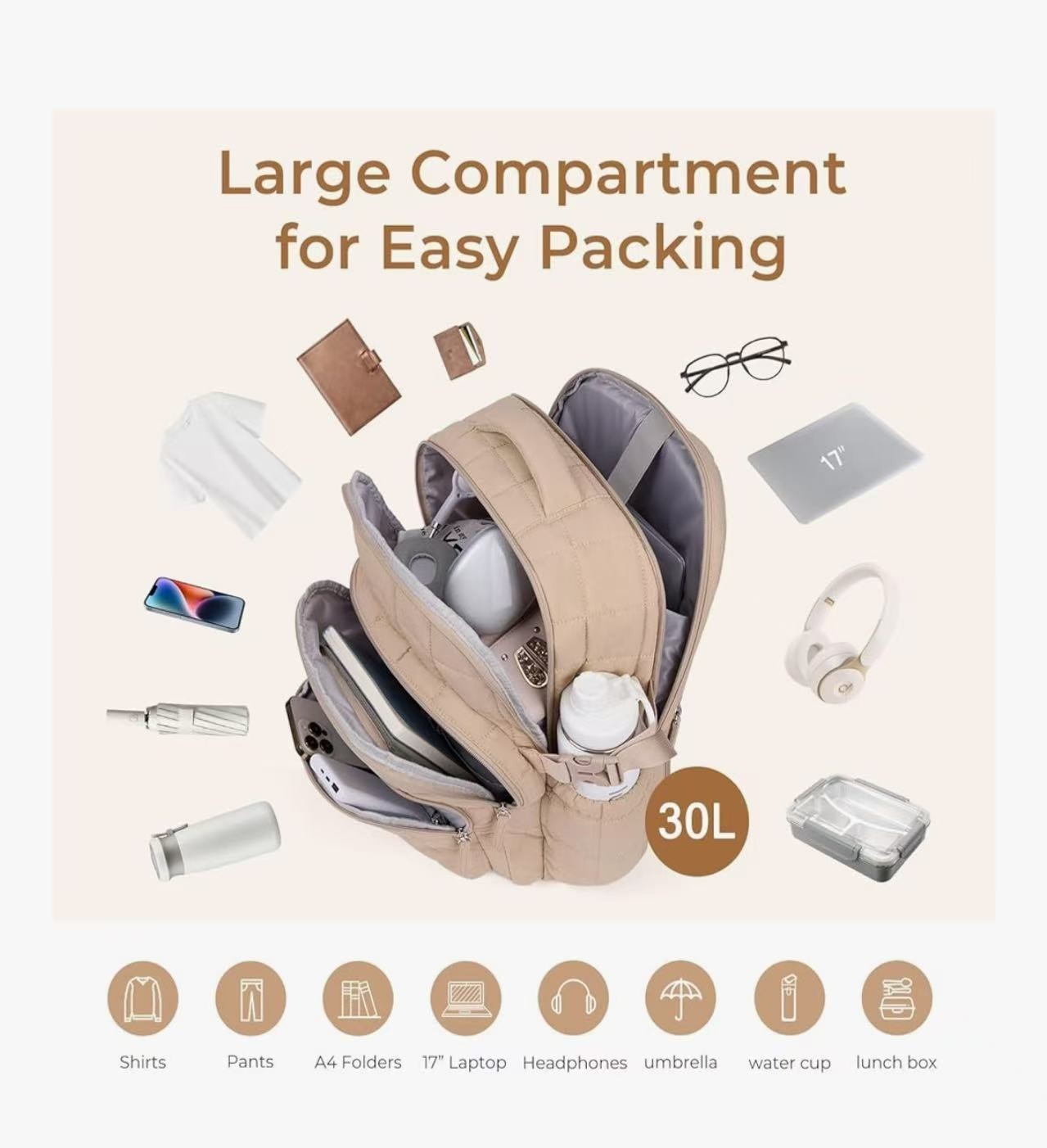 CLUCI 17.3 Inch Laptop Backpack for Women, Anti Theft Travel Backpack, Puffer Qu
