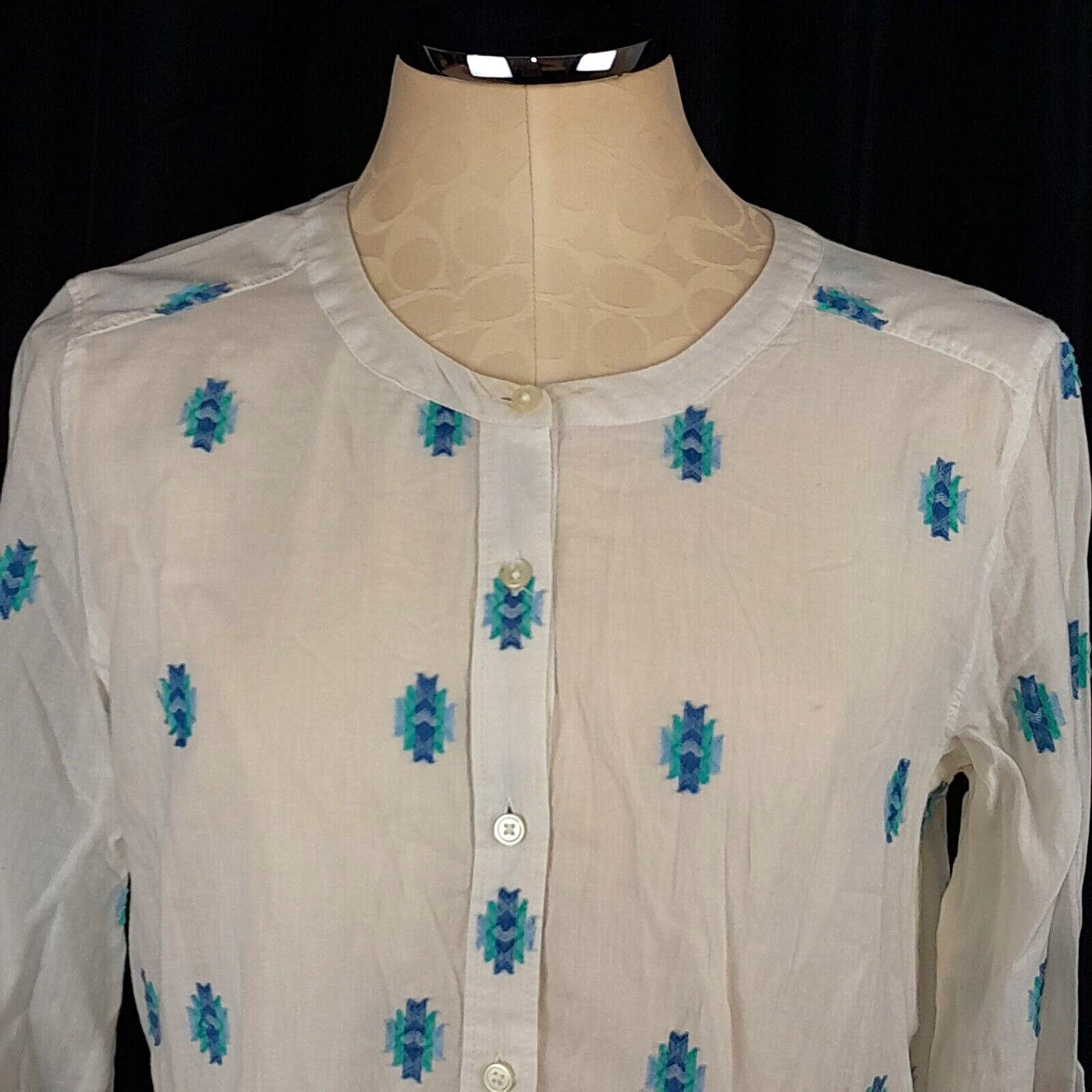 Ann Taylor Loft Womens Tunic M White Embroidered Aztec Roll Tab Sleeve Pullover