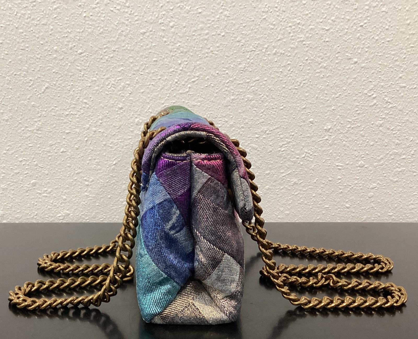 Kurt Geiger Mini Kensington 8″x5″x2.75″ Distressed Metallic Rainbow Denim Soft