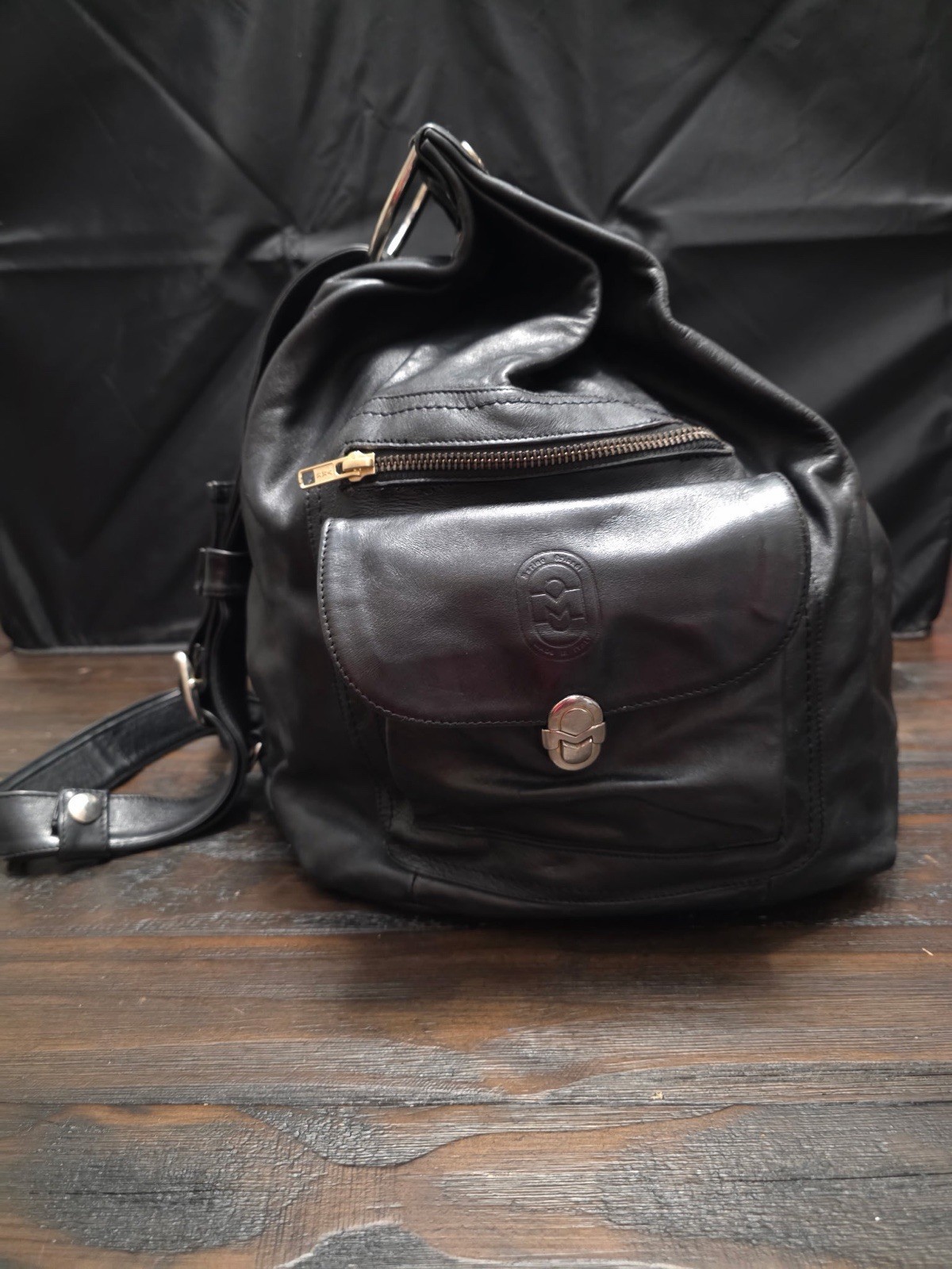 Marino Orlandi Italian Black Leather Metal Accents Sling Crossbody Bag