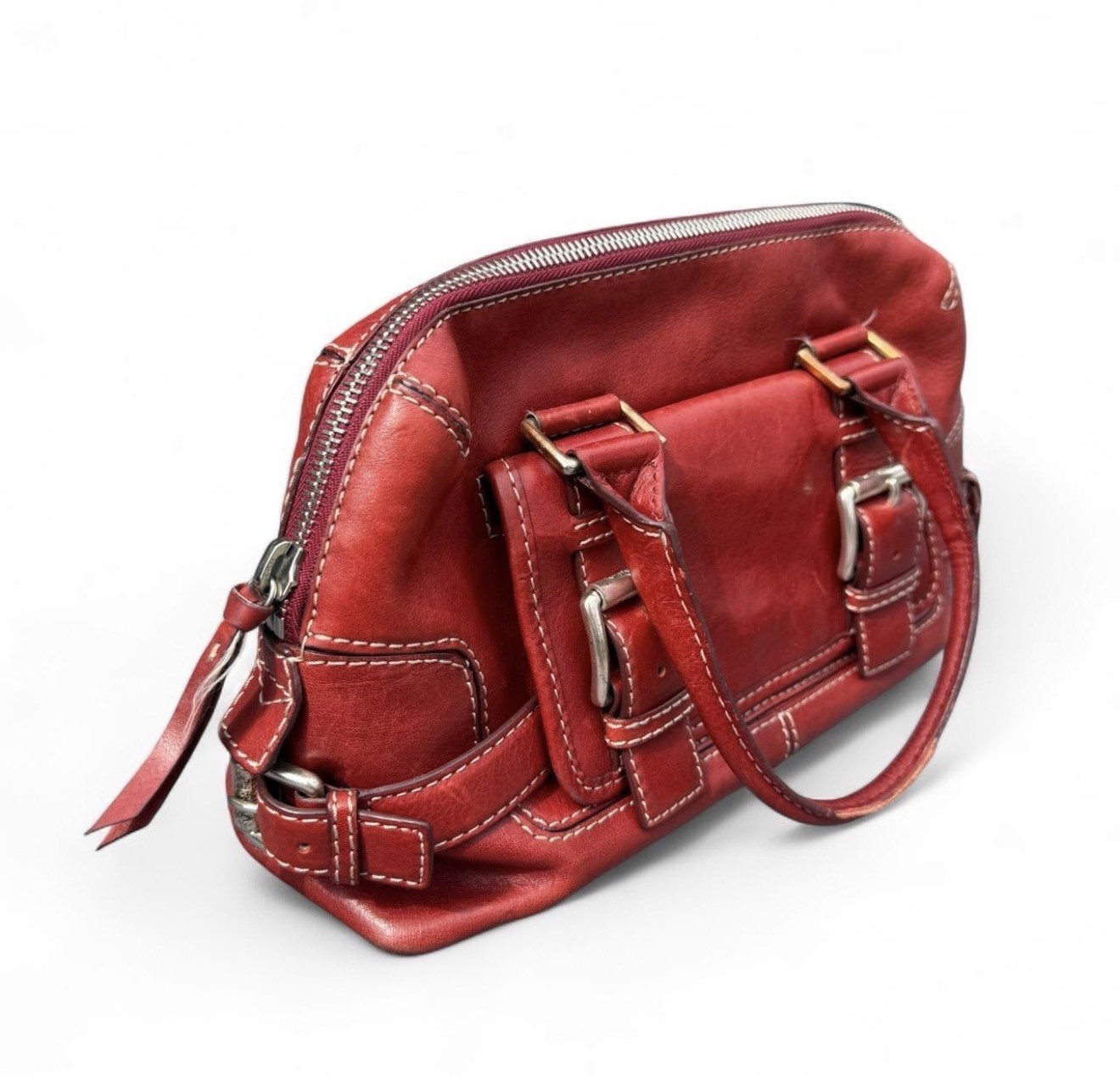 Michael Kors Red Satchel Top Handle Bag with Zipper, Buckle Accent