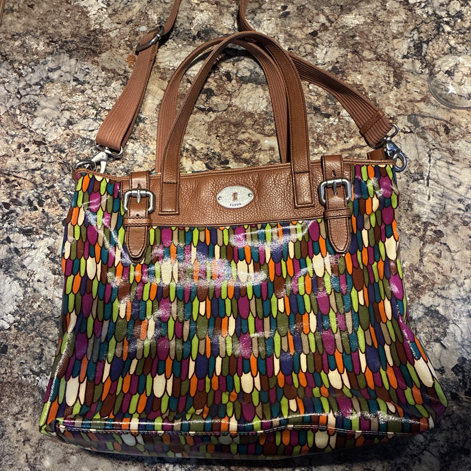 Fossil Key-Per Multicolor Stripe Coated Canvas Leather Shoulder Bag 13×11.5×4