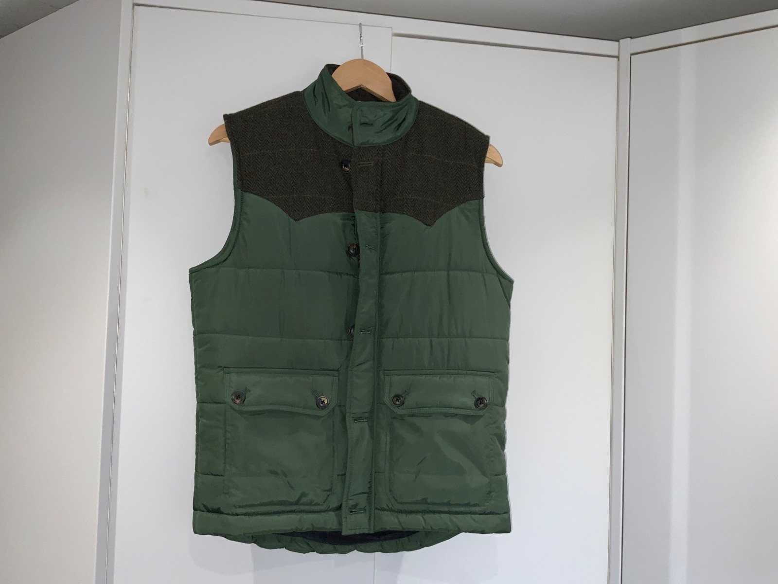 Mens Ted Baker Green Padded Gilet Tweed Shoulder Corduroy Collar Size 1 (Small)