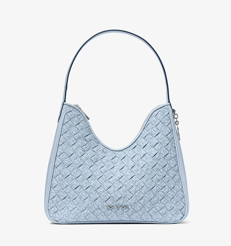 Michael Kors Nayla Small Woven Signature Logo Hobo Shoulder Bag Pale Ocean