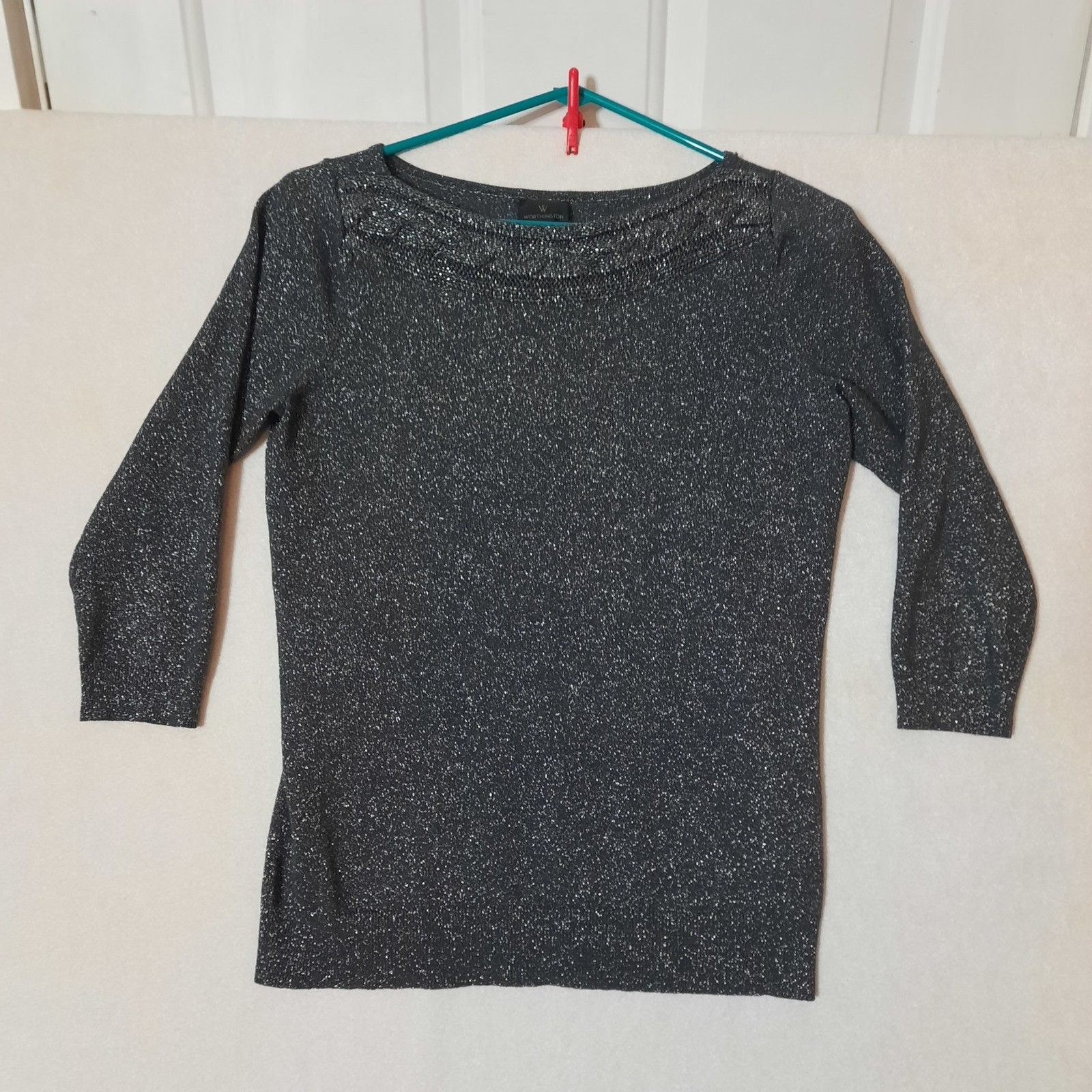 Worthington Metallic Lurex Black Silver Sparkle Knit Top Cable Yoke Detail, MED