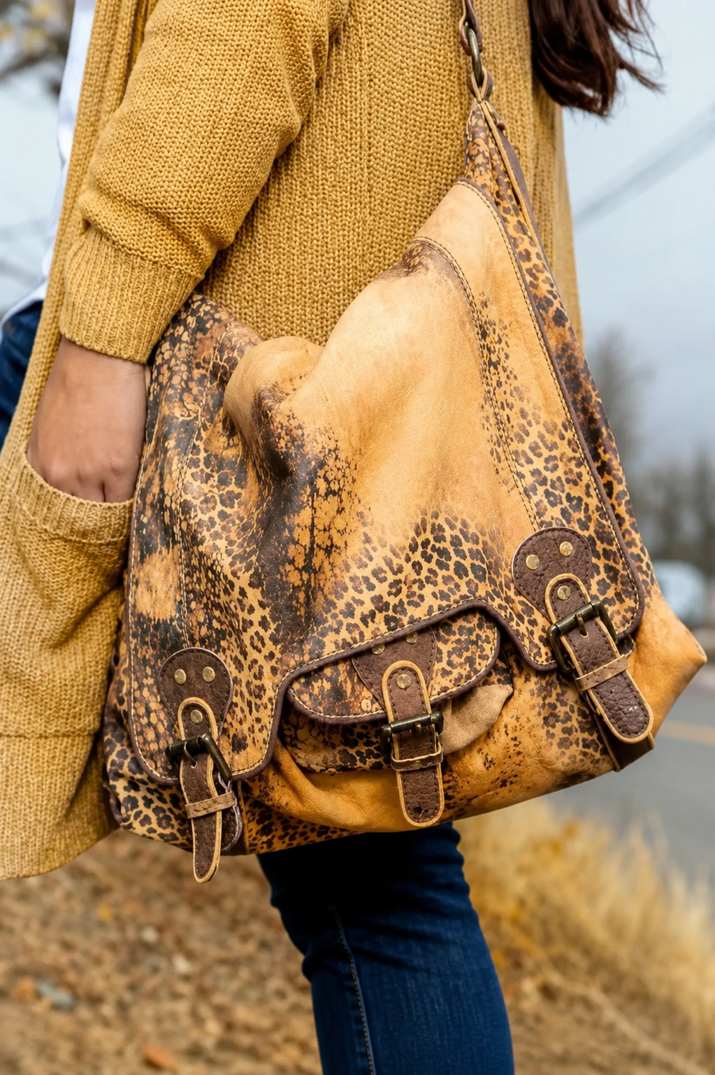 Old Gringo Abilene GT Leopardito Distressed Suede Leather Messenger Bag (NWT)