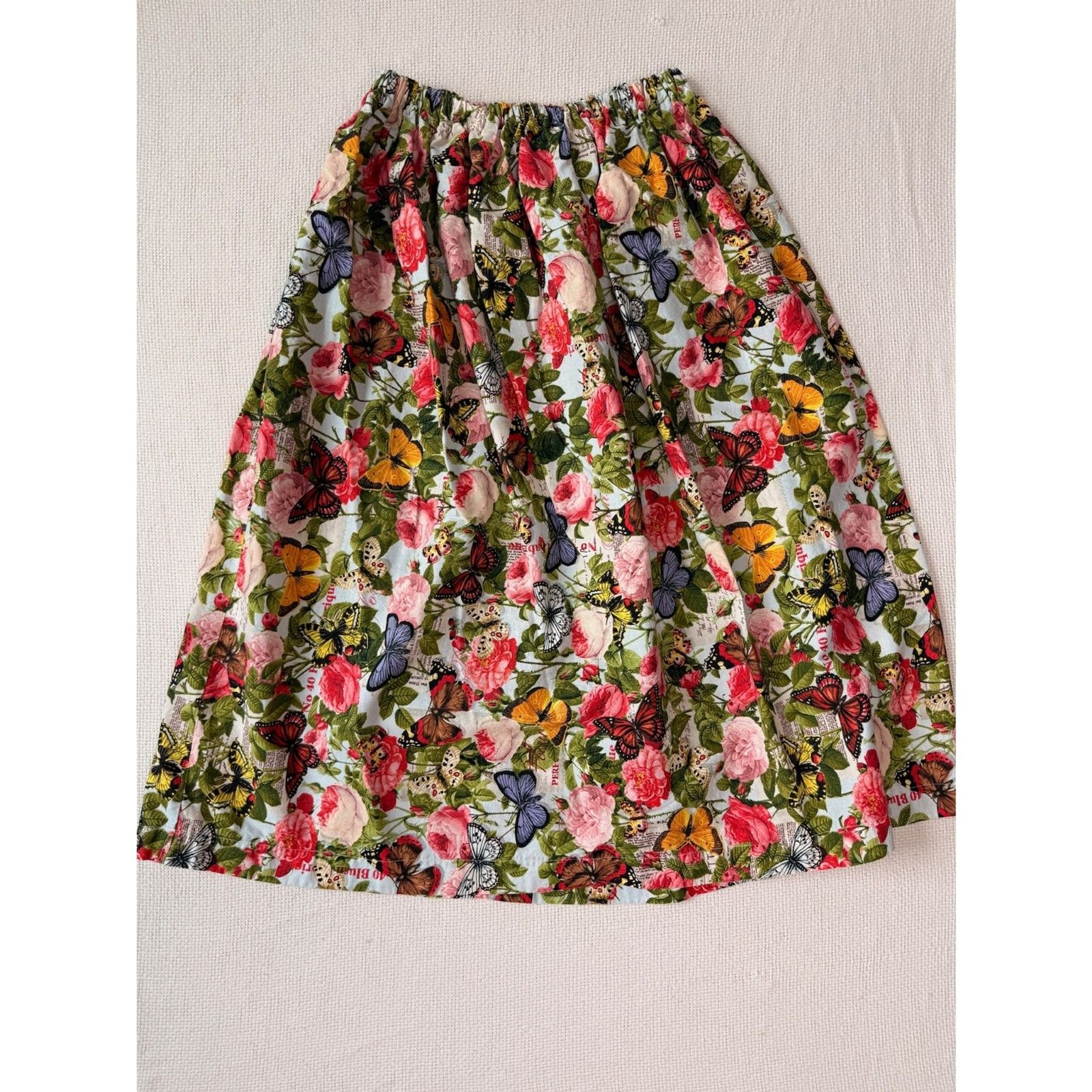 Handmade Butterfly & Rose Floral Cottagecore Skirt – Elastic Waist – M/L