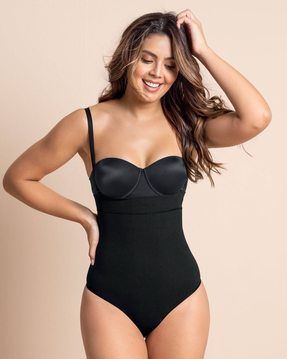 LEONISA BLACK SKINFUSE INVISIBLE SHAPER THONG OPEN BUST BODYSUIT WOMEN’S LARGE