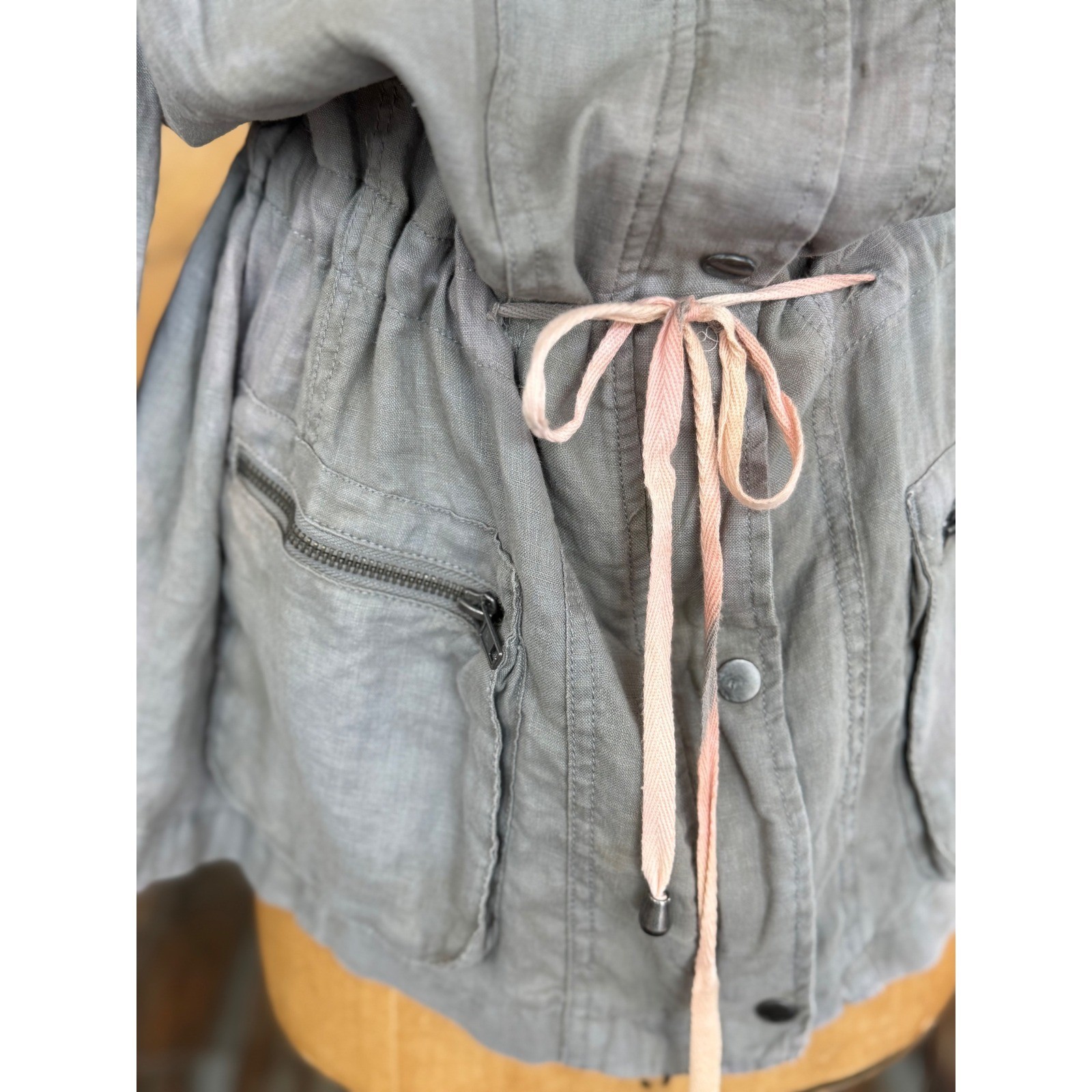 100% Linen Utility Jacket Size L – Drawstring Waist Bird Patch One of a Kind