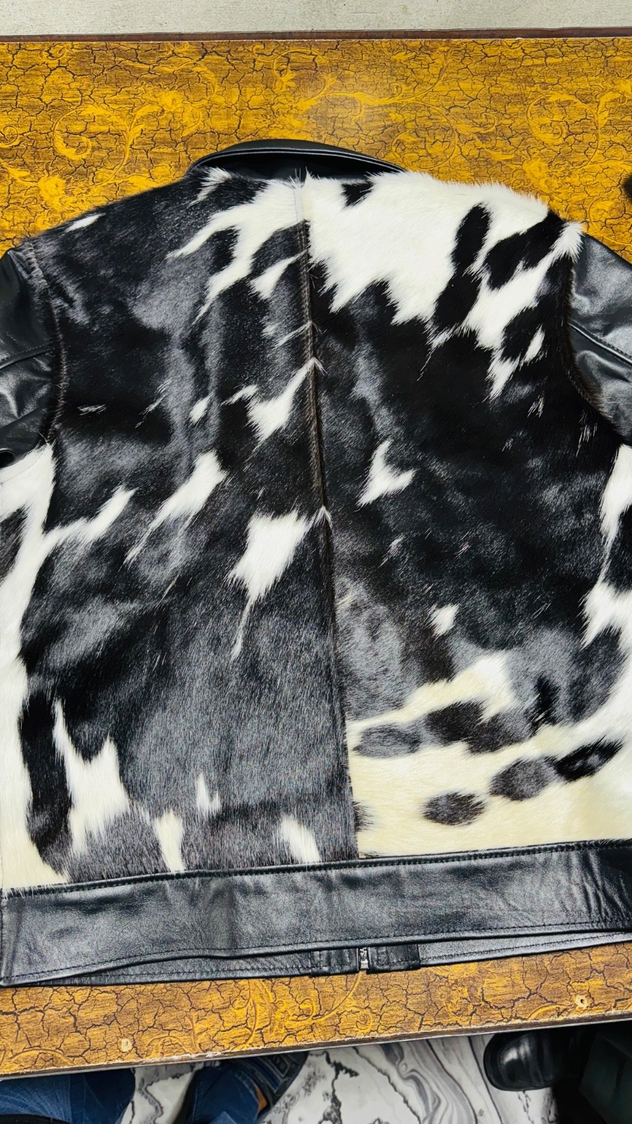 Genuine Cowhide Leather Jacket Black White Hair On Hide Biker Motorcycle Zip Coa