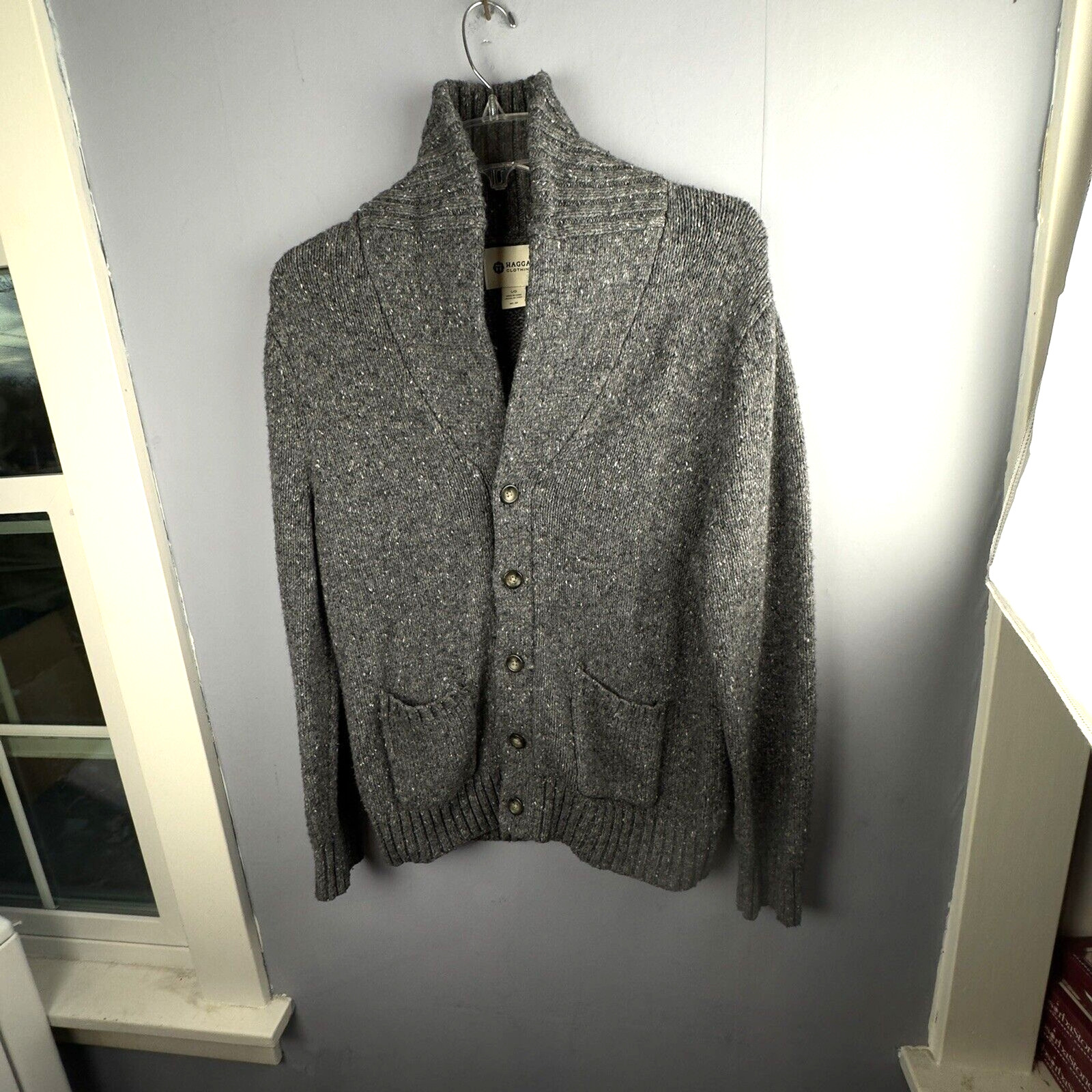 Haggar Shawl Collar Cardigan Sweater Mens Charcoal Button L Used- WPL 386