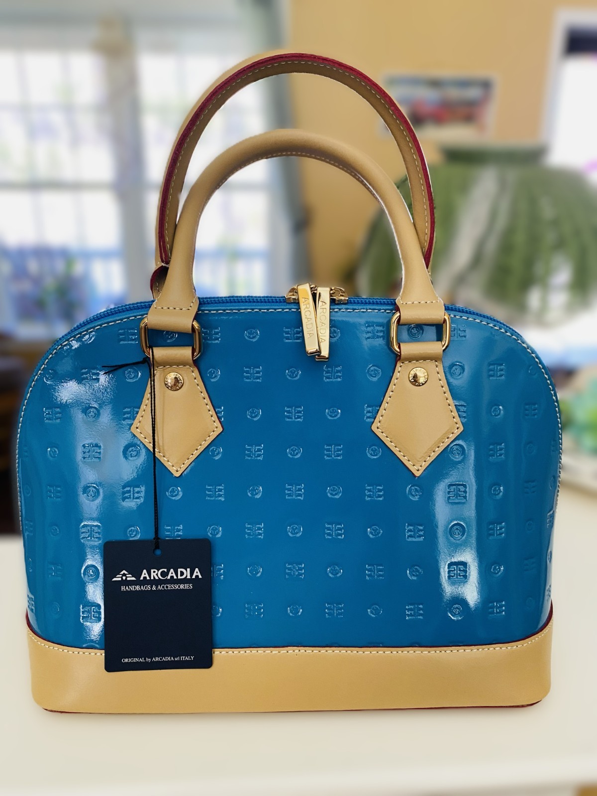 Arcadia Italy Sky Blue/Natural Embossed Patent Leather Handle Crossbody NWT