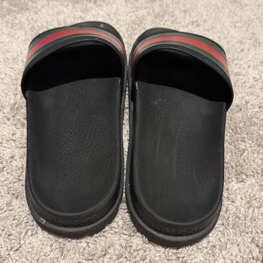Gucci Men’s Black Slide Sandals Red/Green Web Stripe Logo US 9 Rubber
