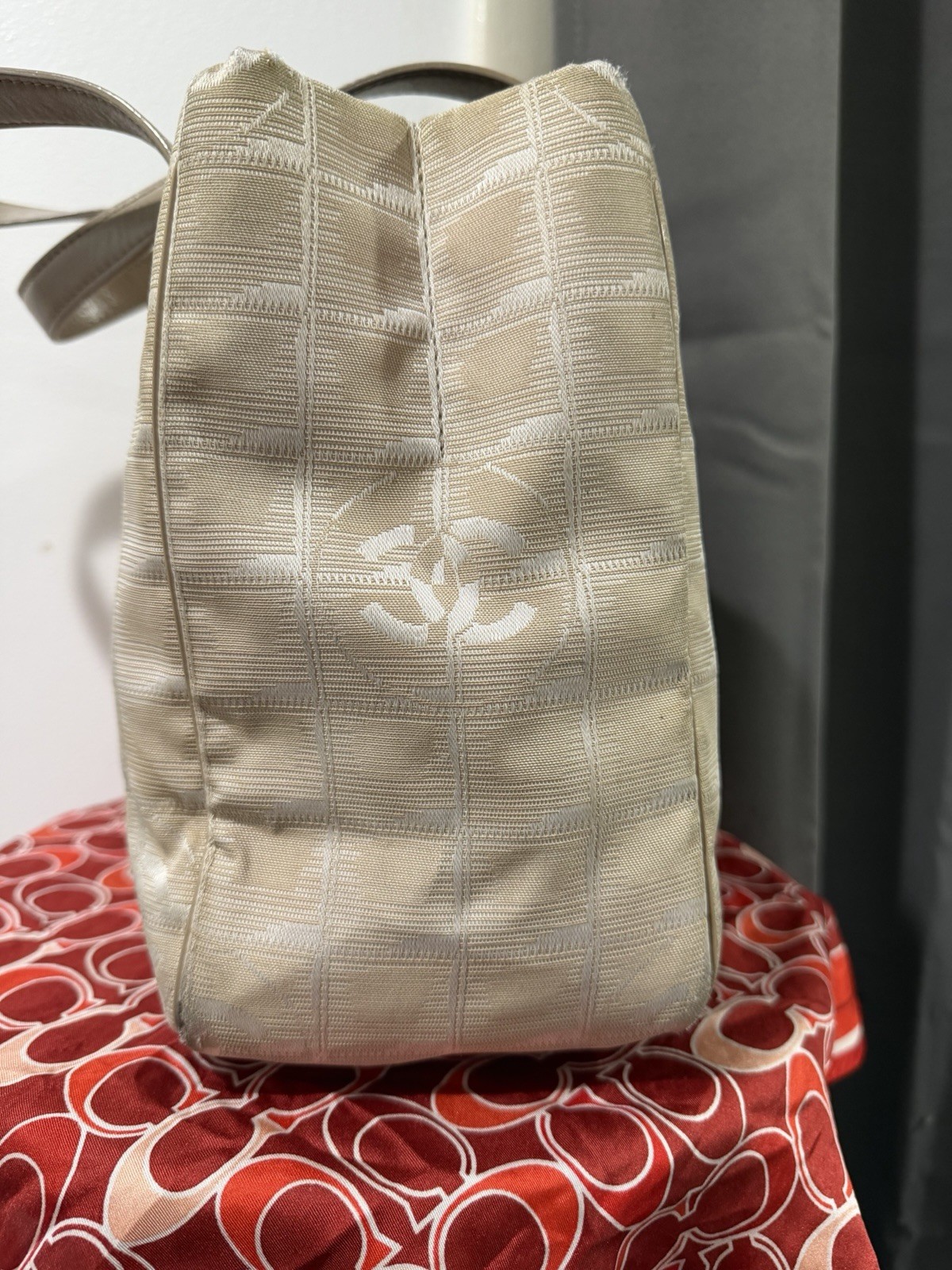 CHANEL Logo Pattern Travel Line Tote Bag Beige