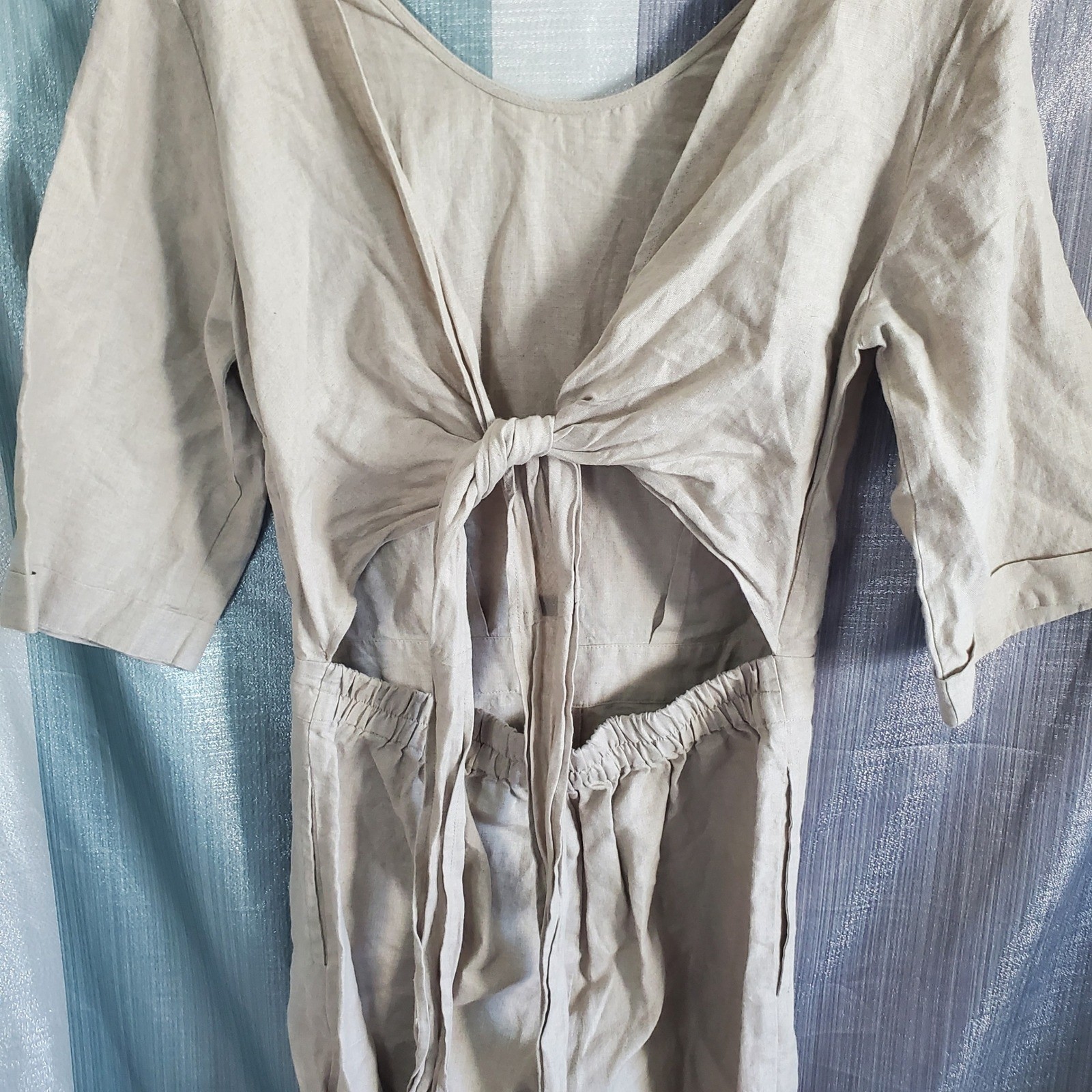 Cloth & Hide Beige 100% Linen Tie Back Cutout Wide Leg Jumpsuit Womens Size 8