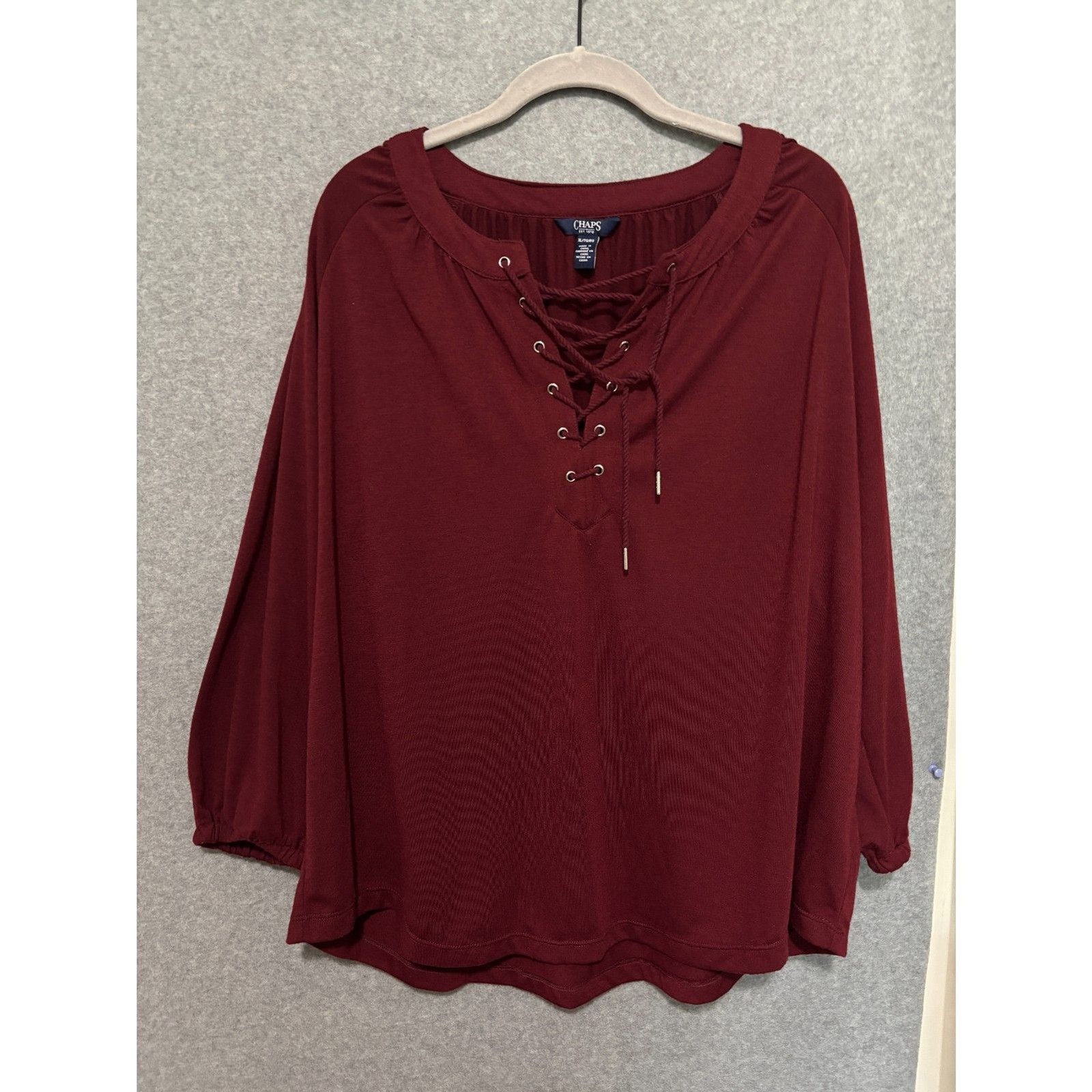 Chaps Burgundy Lace Up Blouse XL Boho Romantic Peasant Top Flowy Western Soft