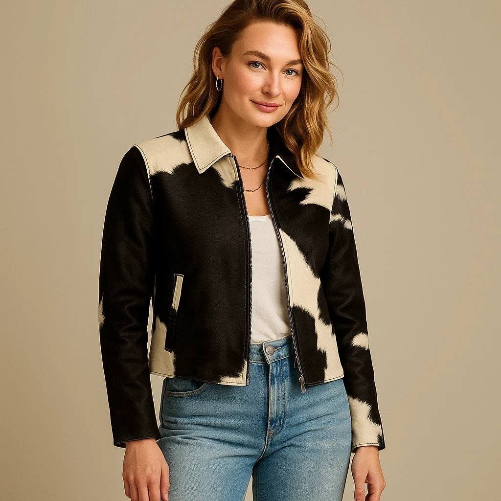 Genuine Hair On Cowhide Leather Jacket Women Handmade Black White Brown
